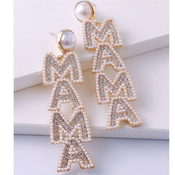 Pearl & Crystal Rhinestone "MAMA"  Earrings ~ 🎁 🦪 - Picture 2 of 7